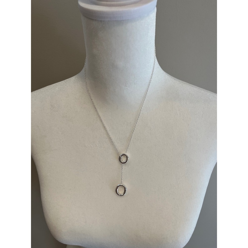 Silver Tone Double Open Circle Drop Pendant Necklace Minimalist Lariat Style